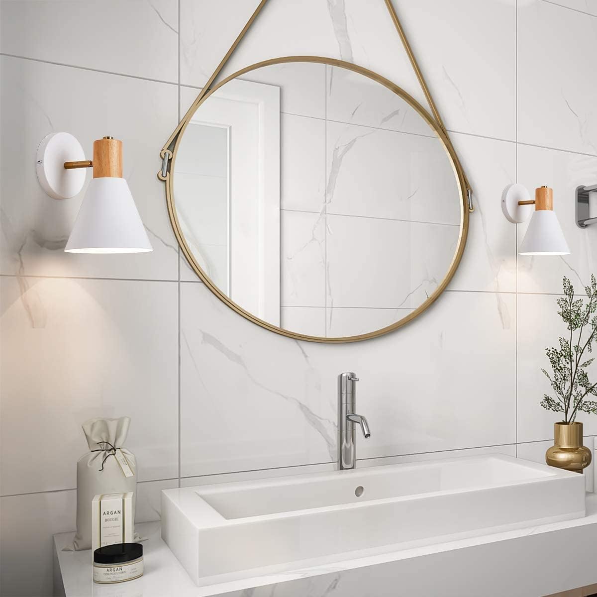 EaEa Retro Innen Wandleuchte Vintage mit Kabel, E27 Wandlampe aus Metall und Holz mit Schalter und Stecker, Verstellbare Nachttischlampe Wand Leselampe Wandspot für Schlafzimmer Wohnzimmer Hotel,Weiß