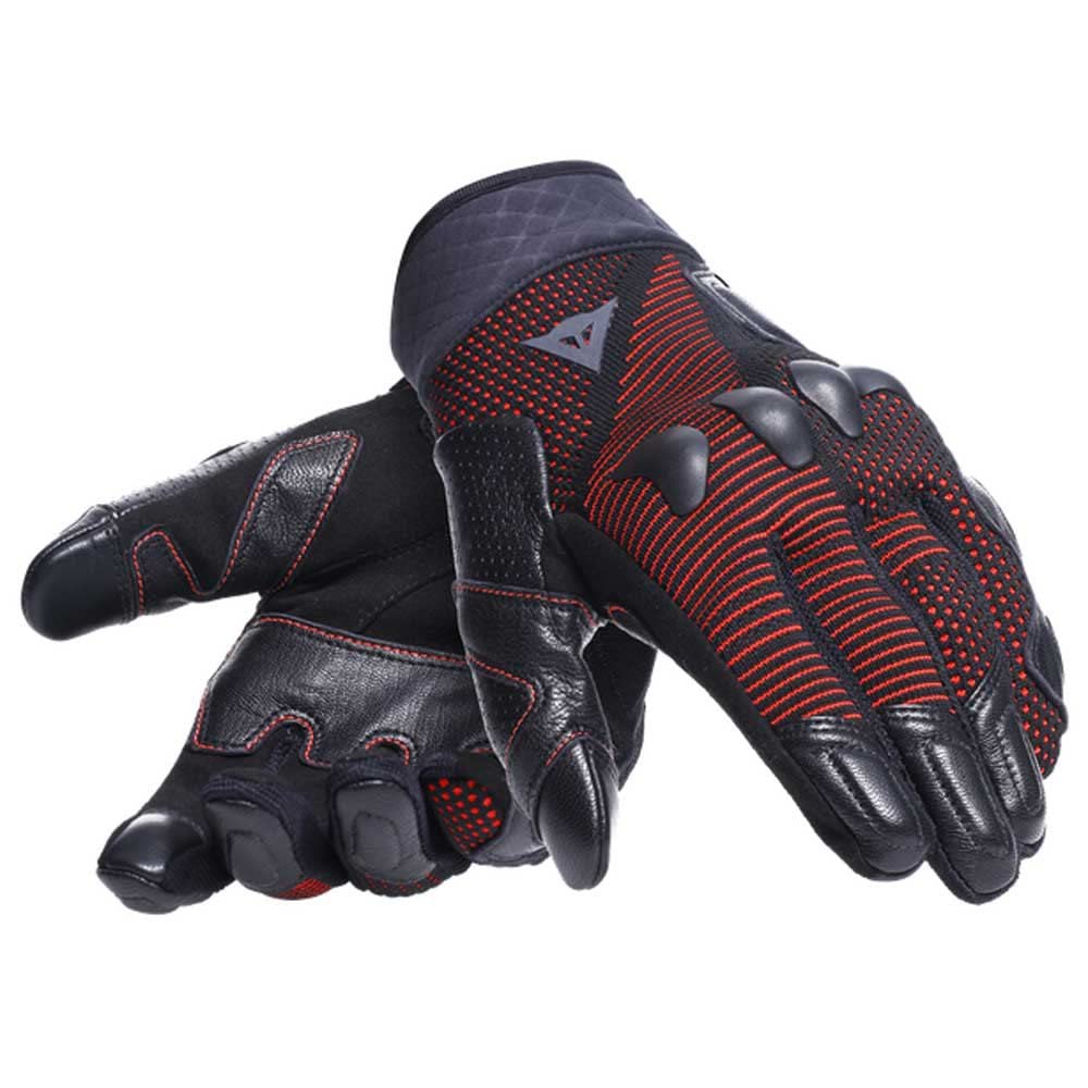 Dainese - Unruly Ergo-Tek Gloves, Guantes de Moto para Hombre, Tejido sin Costuras, Refuerzos de Cuero, Protección de Nudillos, Pantalla Táctil, Negro/Rojo Fluo, L