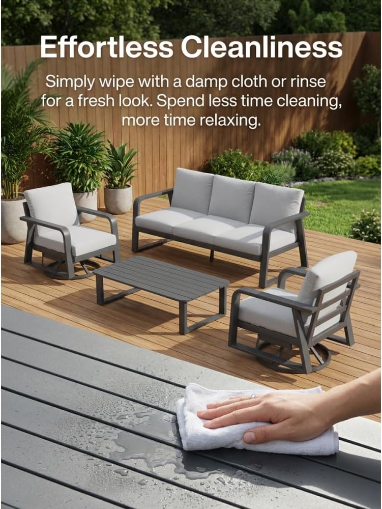 Aluminum Patio Set with 3-Seater Sofa, Two Swivel Rocking Chairs, and Coffee Table, All-Weather Outdoor Furniture with Memory Foam Cushions for Patio, Deck, Garden, or Porch