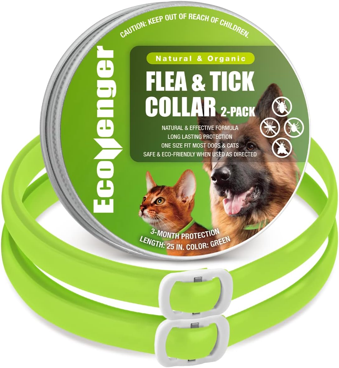 EcoVenger Flea Collars for Dogs & Cats – Flea & Tick Repellent 2-Pack Green. Built-in Pant-Based Formula Strong Repellency Slow Release, Lasting Protection, Pleasant Aroma, Waterproof