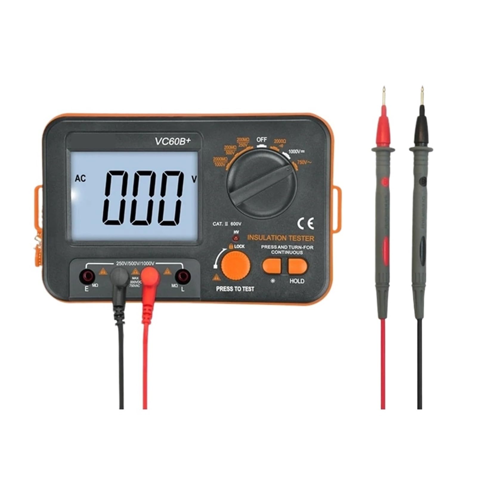 VC60B+ Digitaler Isolationswiderstandstester LCD Elektronisches DC/AC-Voltmeter 0,1~2000m Ohm MegOhm Meter Datenhaltealarm Für Haushaltssteckdosen, Sicherungen, Batterien