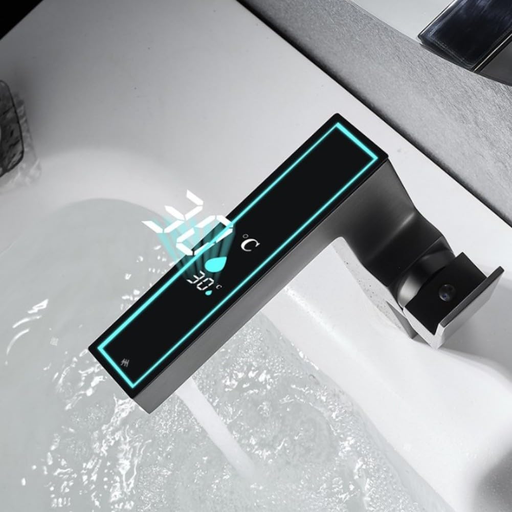 Grifo digital iluminado LED que utiliza la energía del flujo de agua con luz ambiental para el entorno del baño (negro)