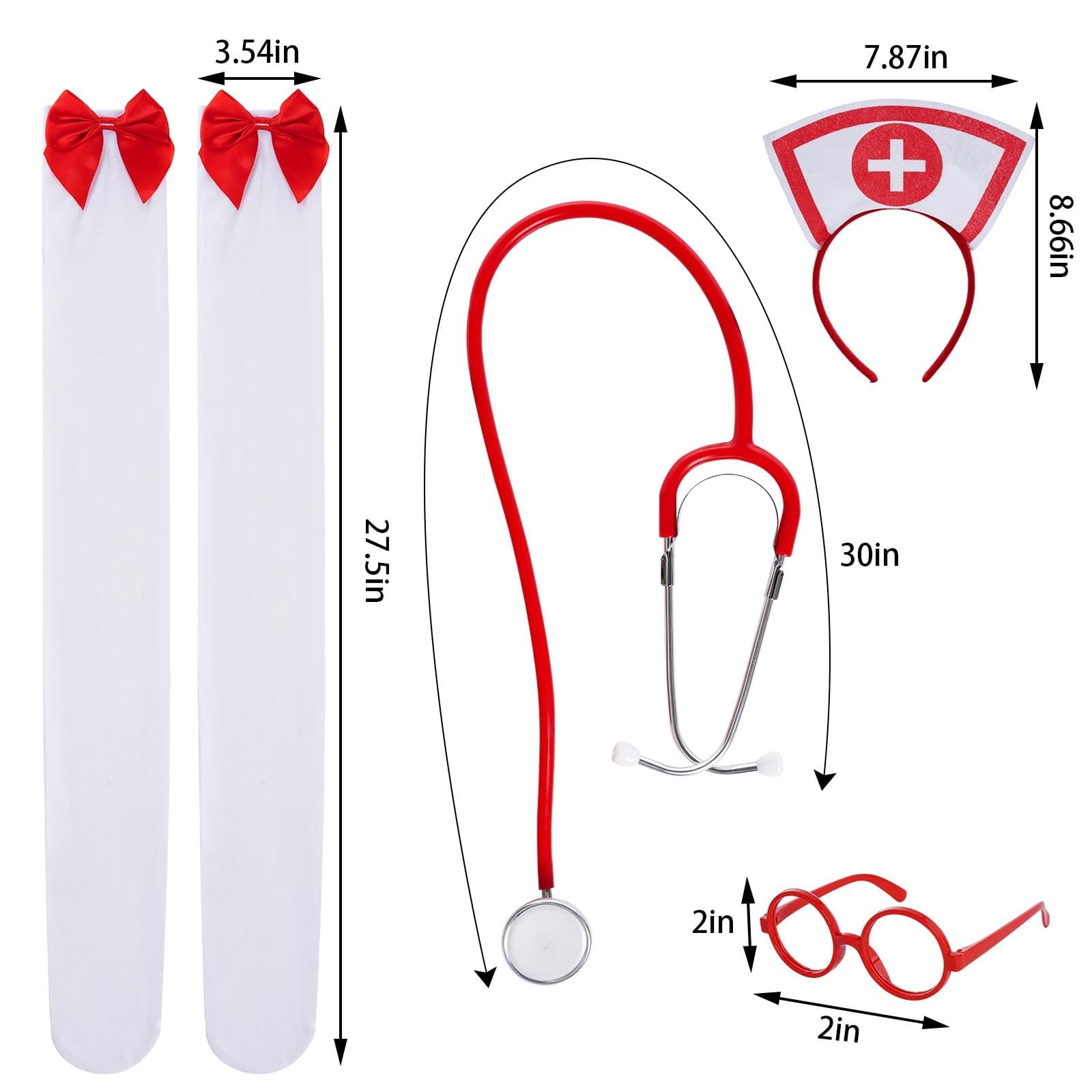 mifengdaer Nurse Costume Halloween Women Costume Accessories Red Nurse Hat Headband Cosplay Outfit Set Includes Headband Glasses Stethoscope High Sock for Halloween Cosplay Party - Image 2