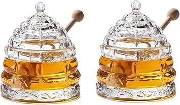 Crystal Honeybee Honey Dish Stick Honey Pot with Lid Honey Pot Honey Container Dispenser Clear with Lid and Stirring Stick Honey Canister Honey Storage Containers Condiment Containers for