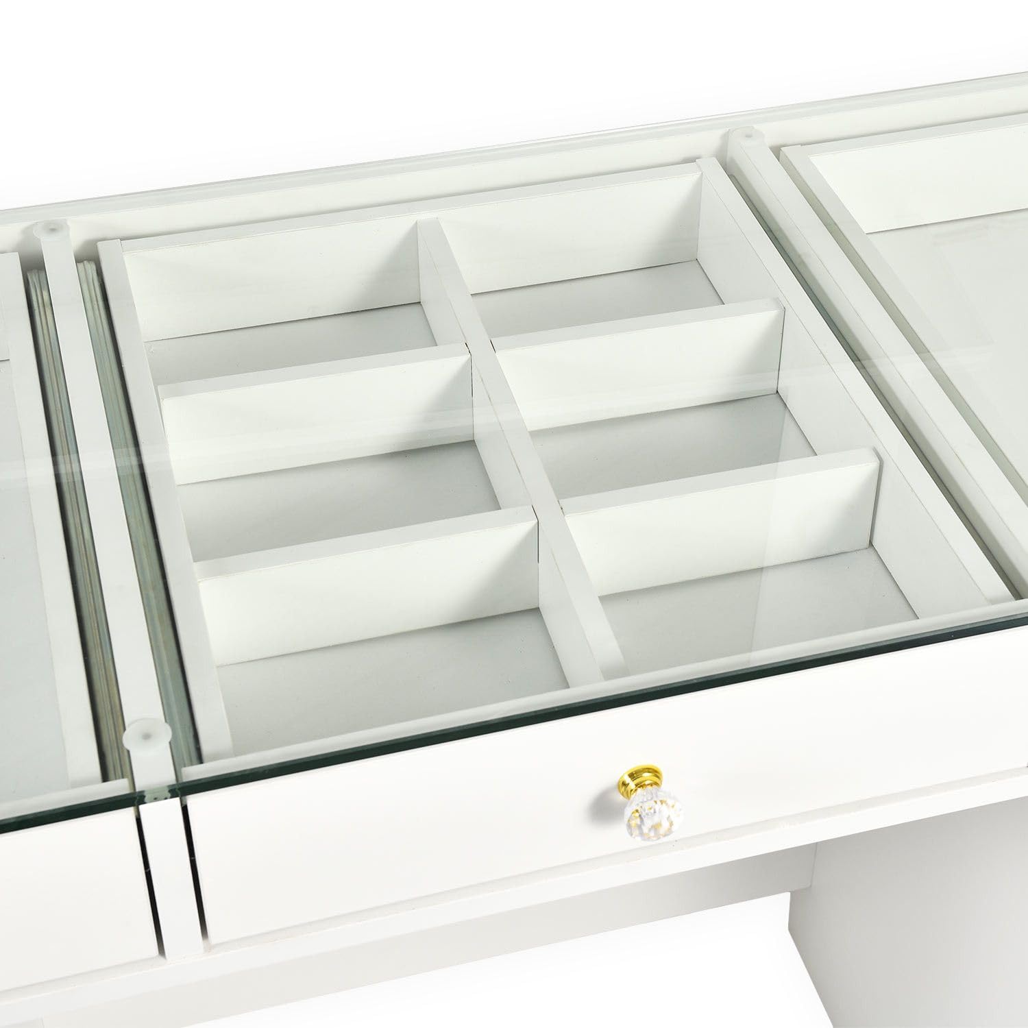 Menzzo Coiffeuse Probeauty 120 cm avec Miroir LED Lumineux – 13 tiroirs – Plateau en Verre – Table de Maquillage Design Moderne avec Grand Rangement – Meuble Coiffeuse Blanc