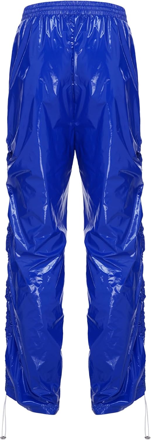 JEYPINMI Women Rave Joggers Metallic Cargo Pants Disco Jazz Dance Wide Leg Trousers Waterproof Streetwear Blue Medium