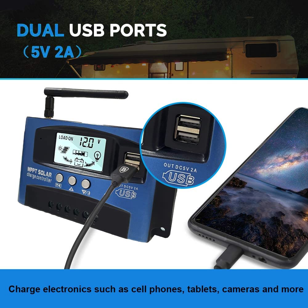 Boddceto MPPT Solarladeregler 60A Mit WiFi/Bluetooth, LCD, Dual USB, 12V/24V