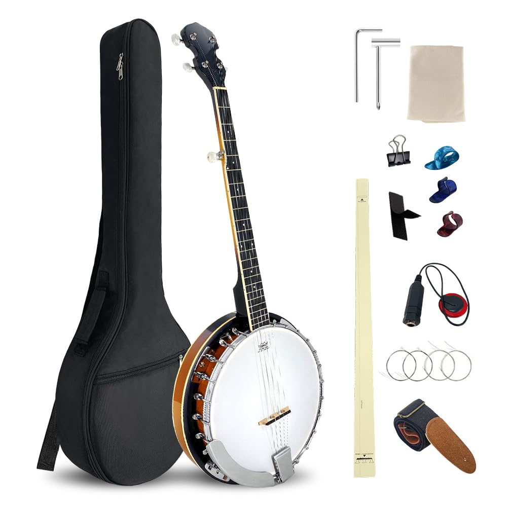 Banjo Banjo-Set mit 5 Saiten, volle Größe, mit Resonator, Banjo-Set mit geschlossenem Rücken mit Stegsaiten, Starp Fingerplektren, Etui für Erwachsene und Anfänger