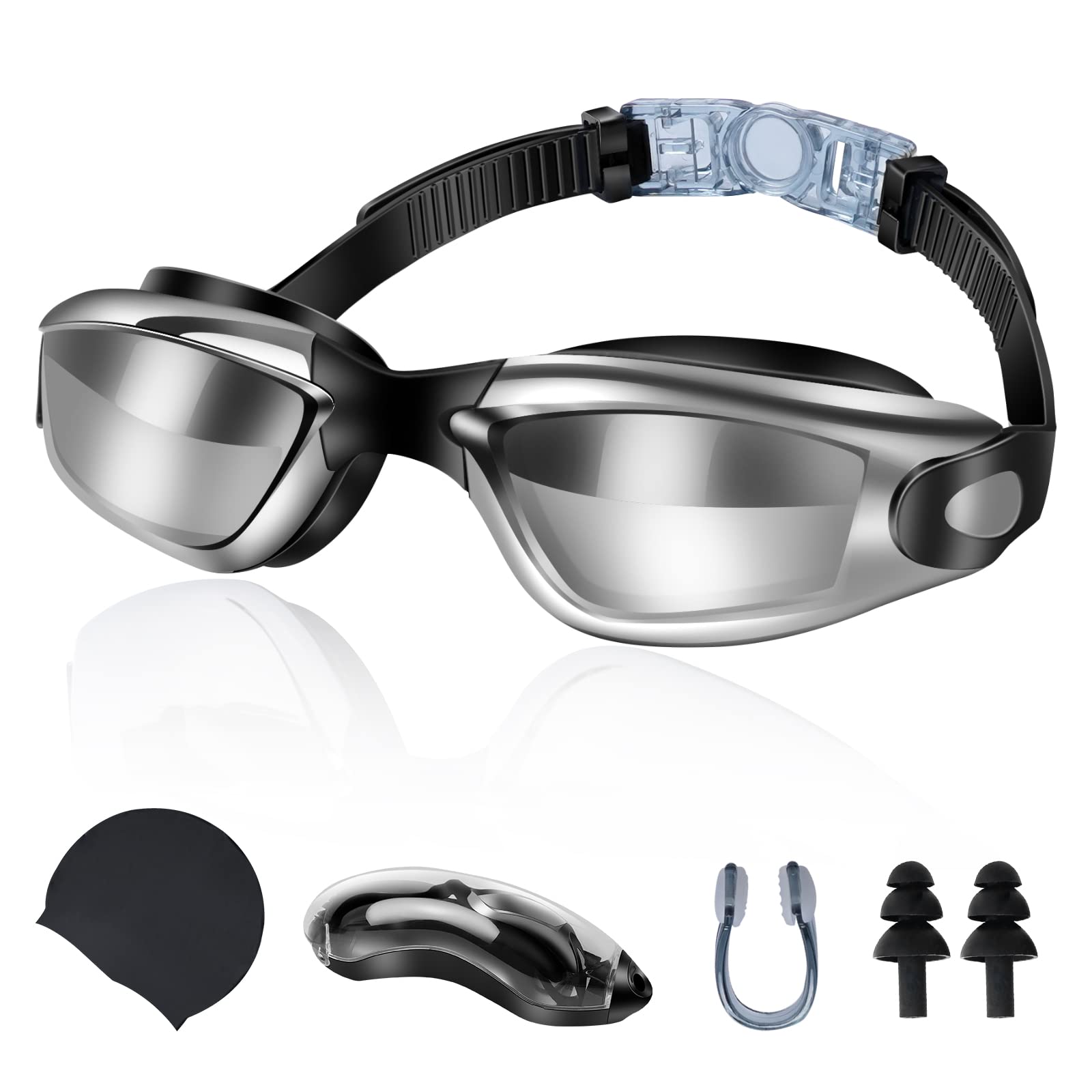 Swimming Goggles Swim Goggles With Silicone Swimming Caps Earplugs & Nose Clip Sets Anti Fog No Leakage Clear Vision for Men Women Adults Teenagers