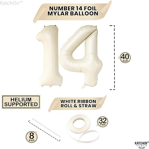 Miniatura 4 de KatchOn, Globos de color blanco crema con el número 14, 40 pulgadas, globo de cumpleaños de 14 años, decoraciones de cumpleaños de 14 para niñas,