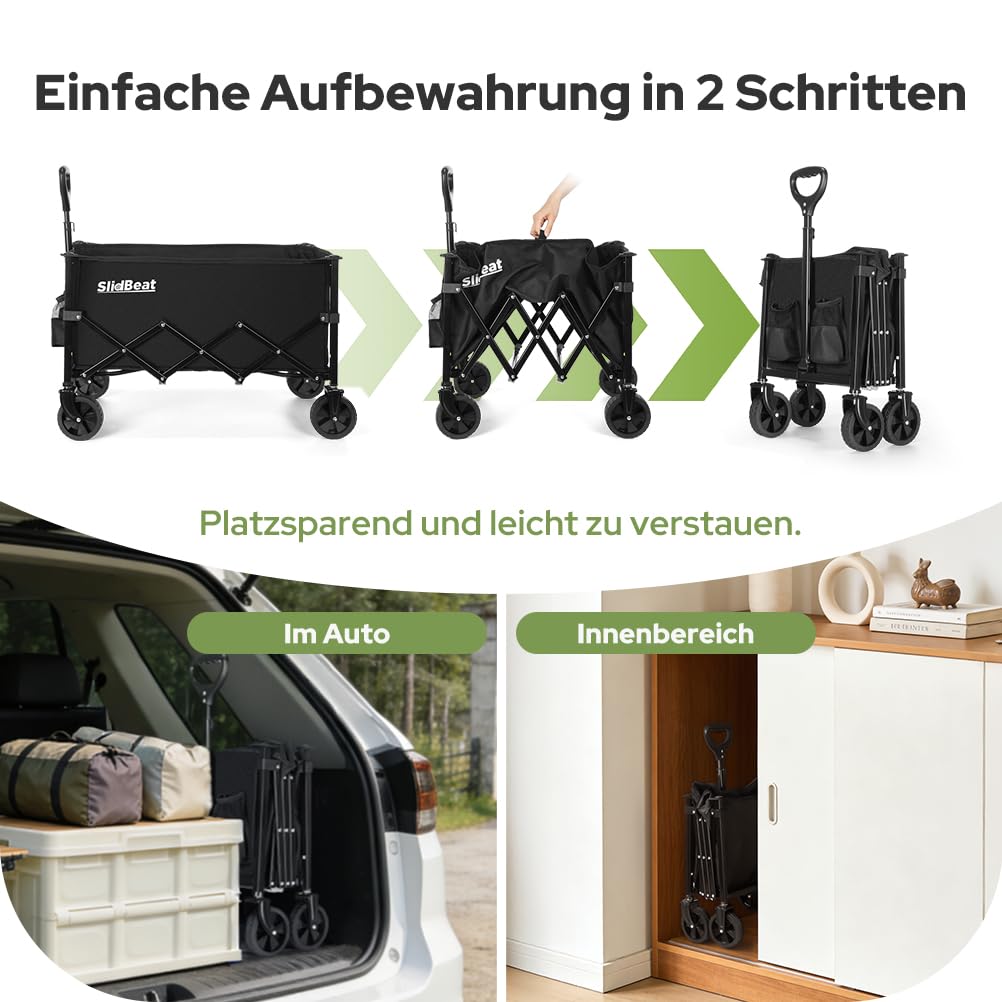 SLIDBEAT Bollerwagen Faltbar 120L 100KG, Abnehmbarer Stoffbeutel Faltbarer Bollerwagen All Terrain Räder Verstellbarem Griff, Klappbollerwagen mit Getränkehalter Für Camping Outdoor Garten Shopping