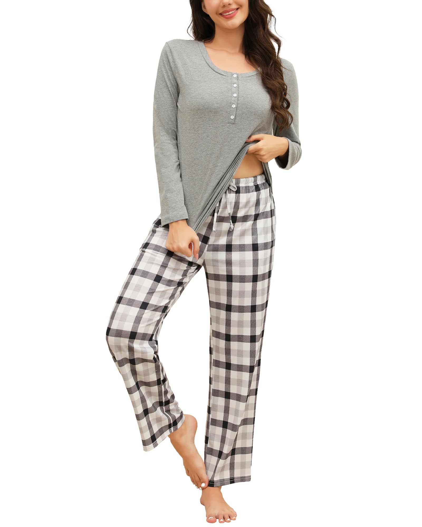 Pajamas for Women Set Cotton Long Sleeve Plaid Pants Womens Sleepwear Loungewear Soft Womens Pjs Sets with Pockets