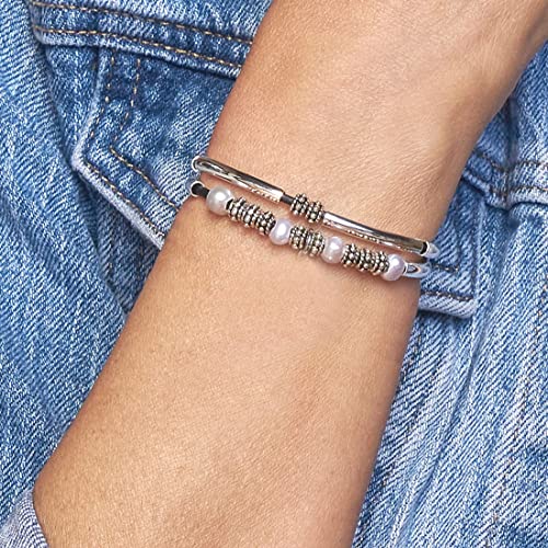 Lizzy James Kendall Adjustable 2 Strand Silver Bracelet In Natural Black Leather With Pearls For Women #TOP2