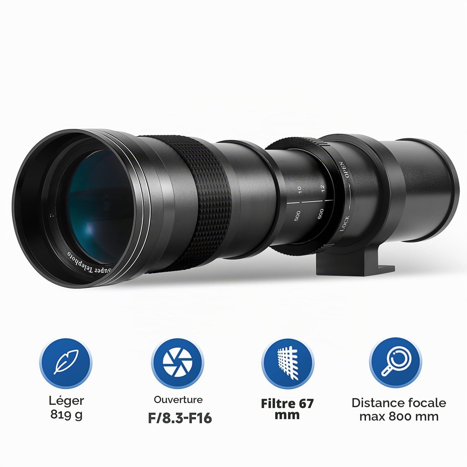 JINTU 420-800mm + 2X Objectif 1600mm Téléconvertisseur F8.3 Zoom Manuel Teleobiettivo pour Nikon D5500 D3300 D3200 D5300 D3400 D7200 D750 D3500 D7500 D800 D810 D3100 D5200 D5600 D7000
