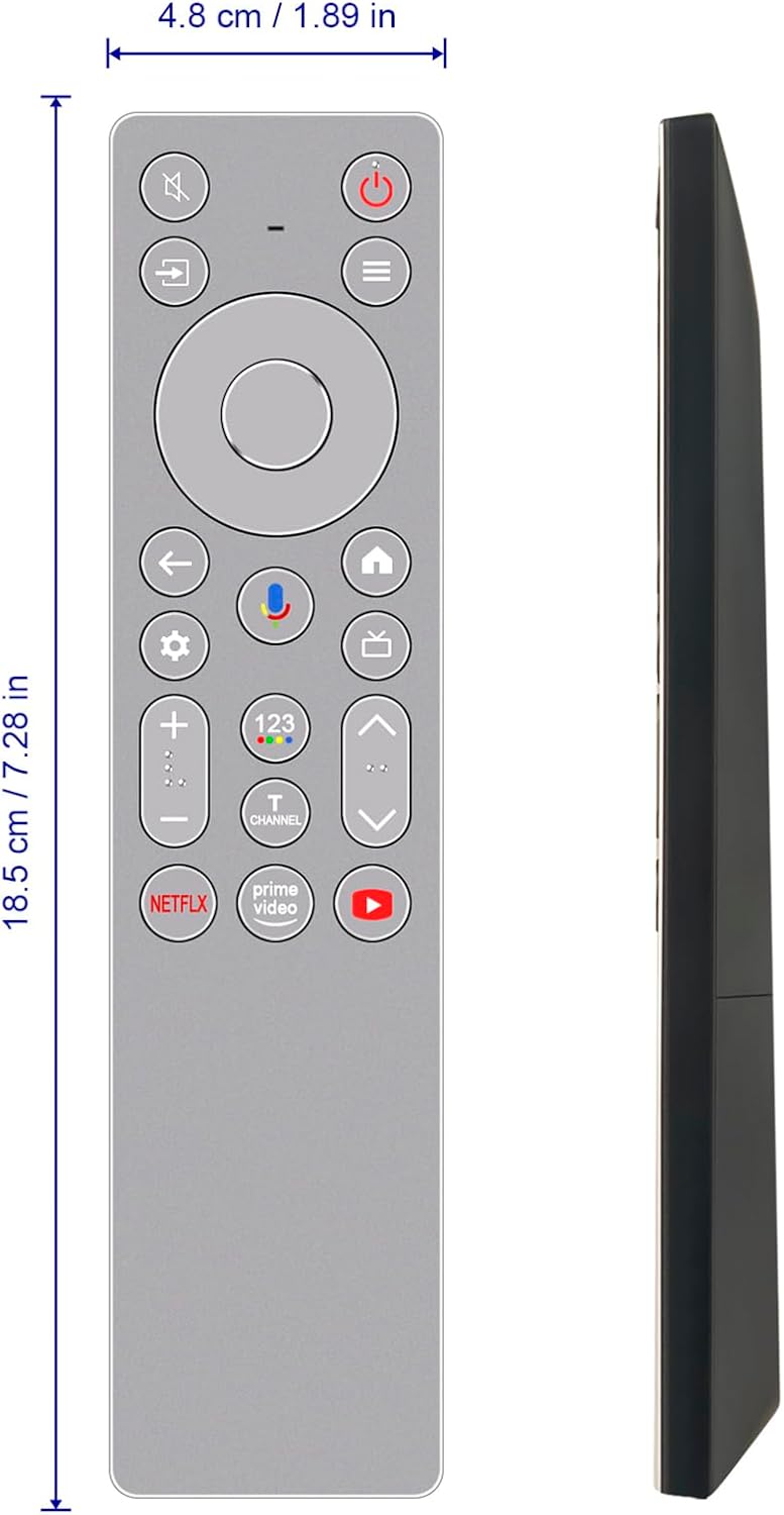 Side and front view of the remote control with dimensions labeled: 18.5 cm / 7.28 in length and 4.8 cm / 1.89 in width