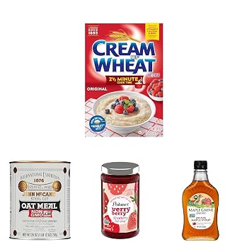 Bundle of Cream of Wheat Stove Top Hot Cereal + McCanns Traditional Steel Cut Oats + Polaner Verry Berry Strawberry Fruit Spread + Maple Grove Farms Pure Maple Syrup