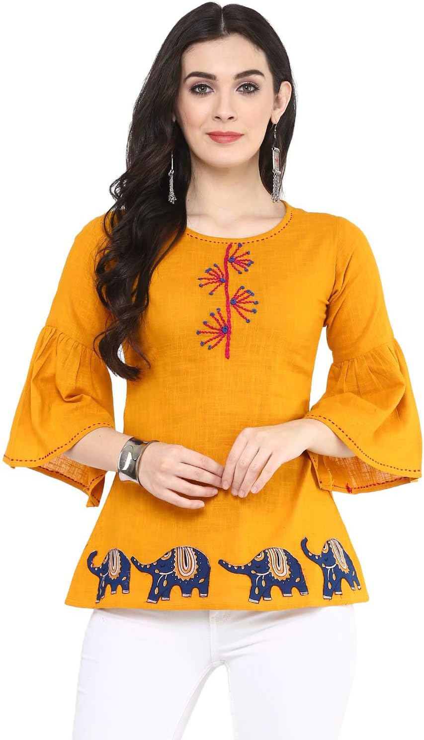 YASH GALLERY Women's Cotton Slub Kalamkari Printed Regular Top for Women