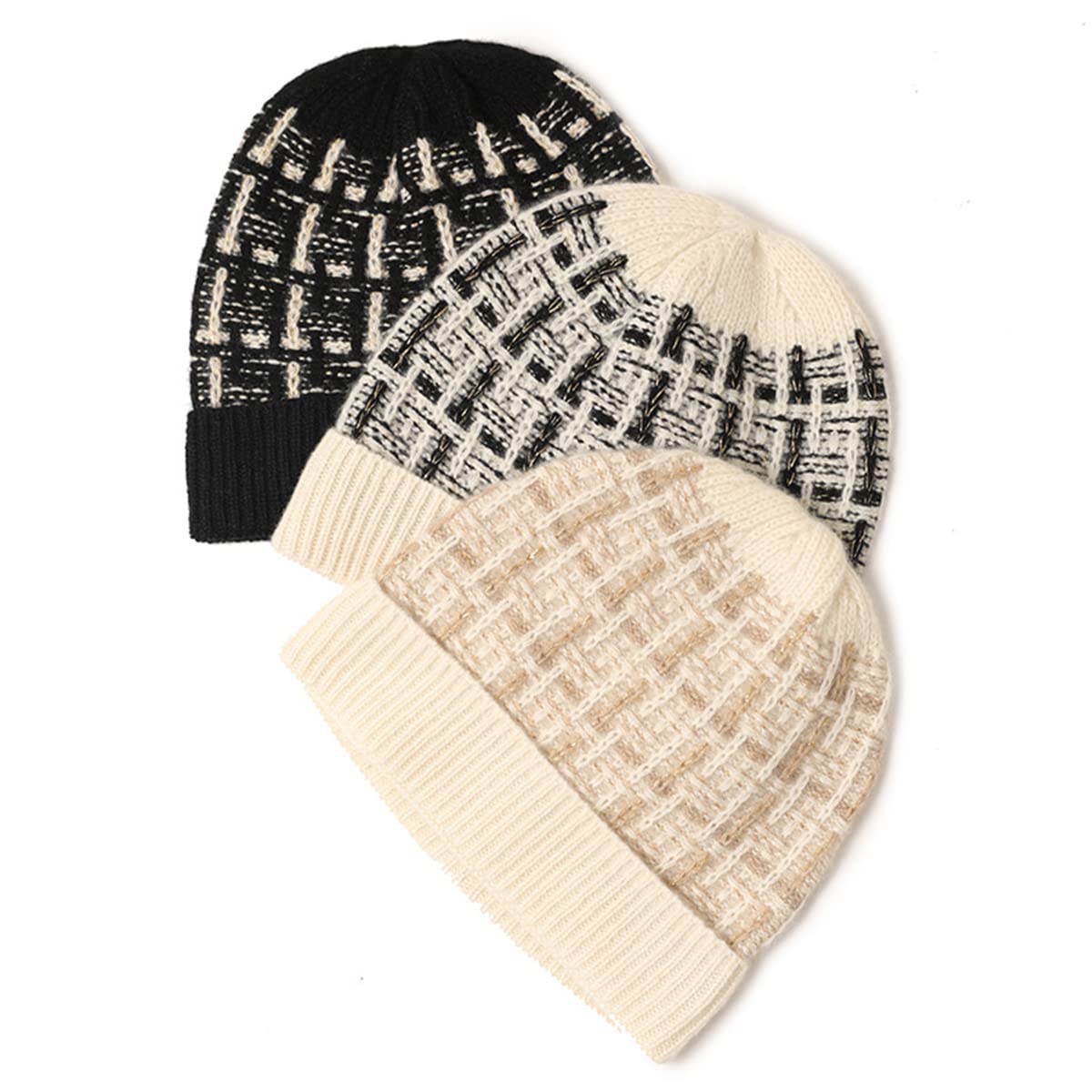 Gorro de Punto de Cachemira para Mujer, Sombrero de Punto Cálido Invierno para Niña, Elegante Gorra con Puños Gorro de Esquí Beanie para Snowboard, Cumpleaños Invierno Beige
