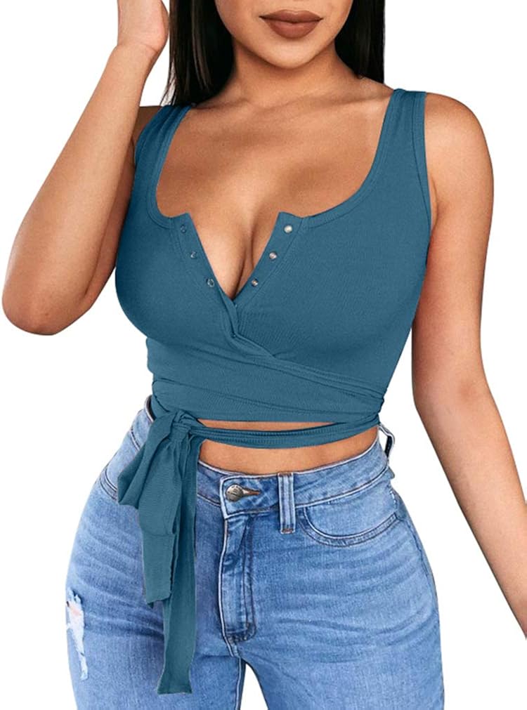 LAGSHIAN Women's Sexy Summer Button Sleeveless Tank Strappy Casual Basic Crop Top