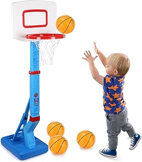 Tixexo Basketball Hoop Outdoor Children's Toy Boys 3 4 5 6 7 8 Years, Basketball Gift, Height Adjustable, Basketball Shelf with 4 Basketballs