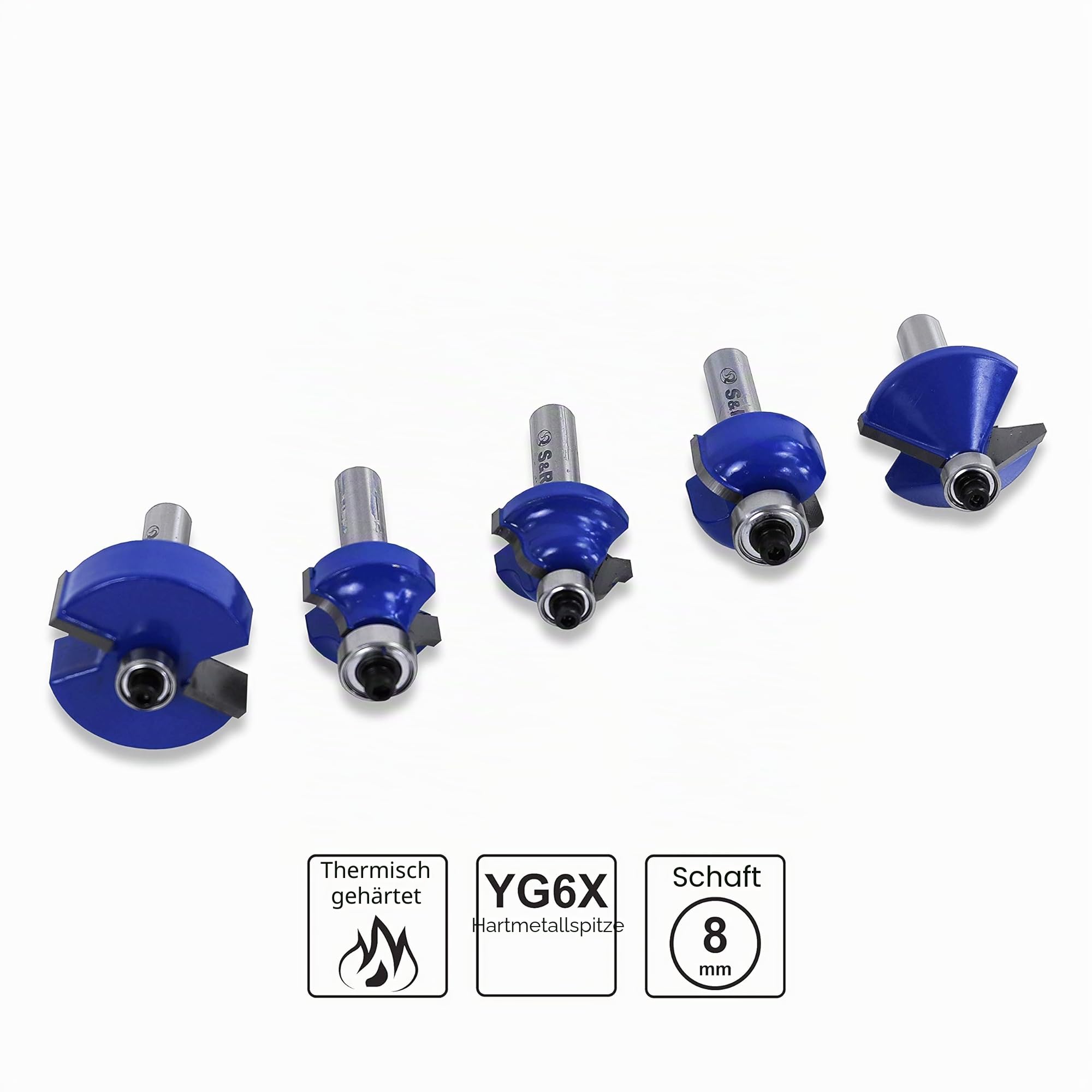 S&R Hochleistungs Fräser-Set 12-tlg, Holzfräser in Industrie-Qualität für hartes und weiches Holz mit Holzkoffer, Fräser-Bit Satz, Schaft 8mm, gehärtete Wolframkarbid Hartmetall-Schneiden, YG8