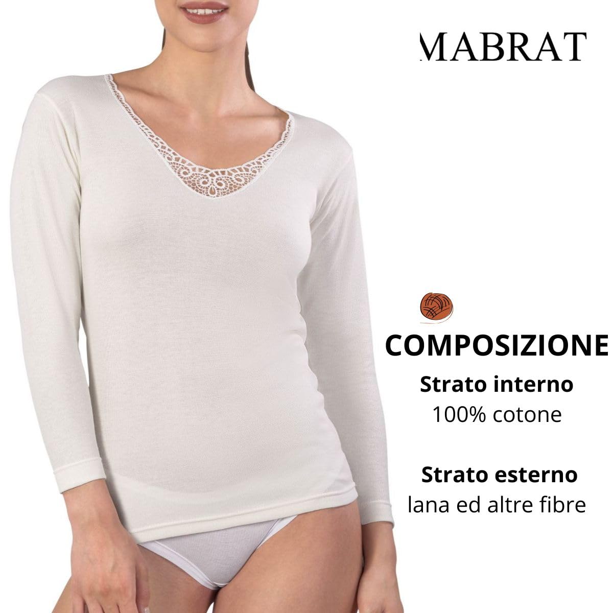 3 Pezzi - Maglia Donna Manica Lunga in Lana e Cotone con macramè – Termoregolante e Morbida – MMDB101 Intimo Elegante e Caldo