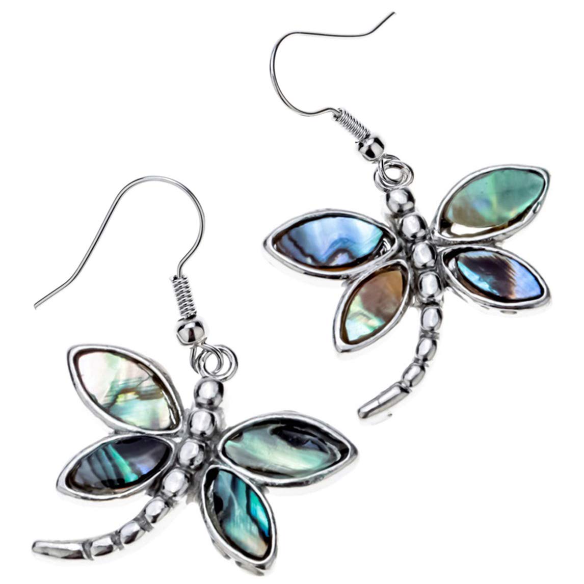 Jewelry Women Lovely Dragonfly Natural Abalone Shell Dangle Earrings (Green)