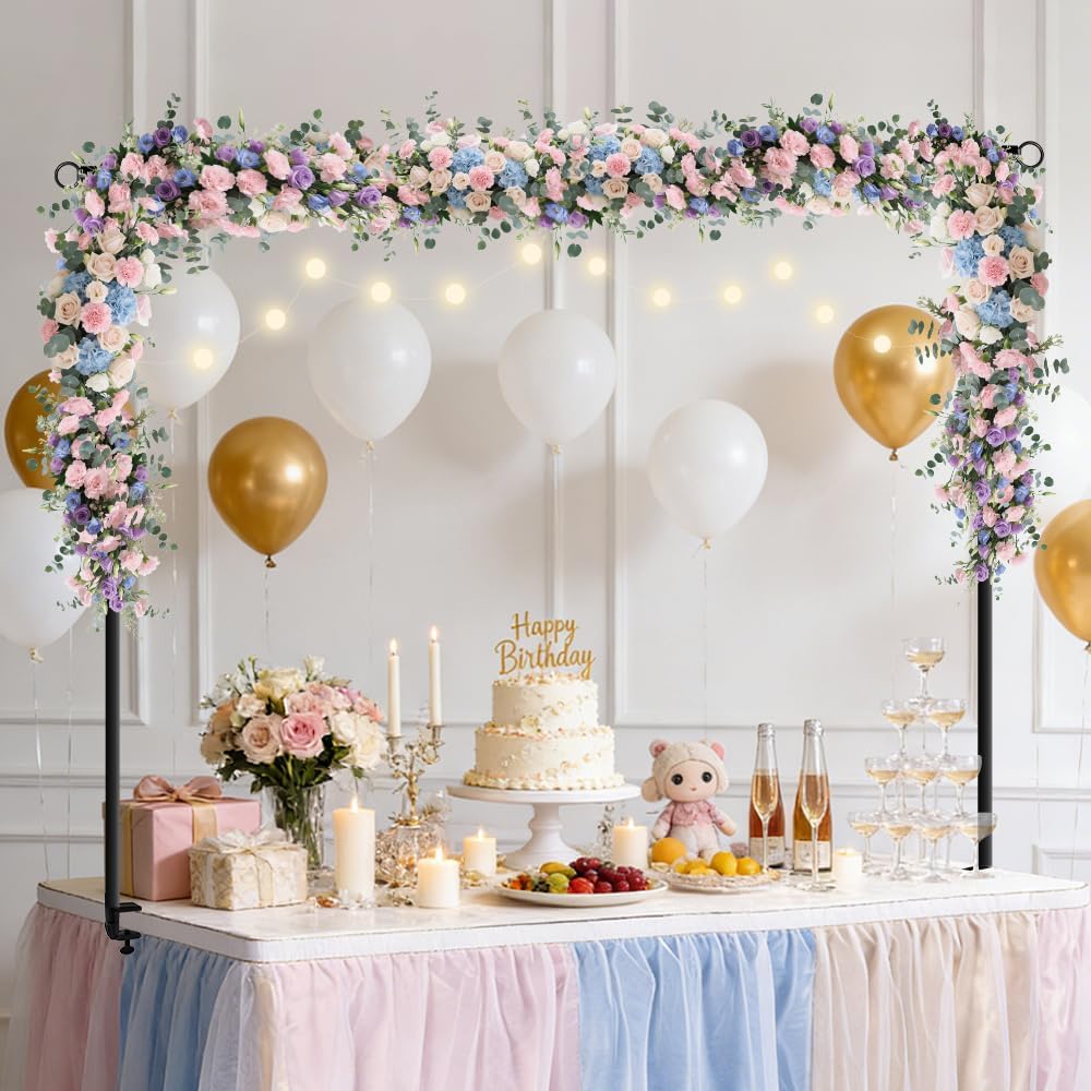 Over The Table Rod Stand with Clamps, Table Arch Stand Adjustable 29"-42" Tall 28"-98" Length Balloon Arch Hanging Stand for Wedding Birthday Party Balloon Floral Decor