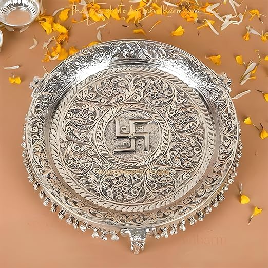 Image of German Silver Pooja Aarti /Thali with Full Ghungroo Layer Home /Temple /Mandir,Decorative Pooja Plate Set for,Karva Chauth, Diwali,Ganesh,Janmashtami Pujan & Wedding Item- Set of 6 Item
