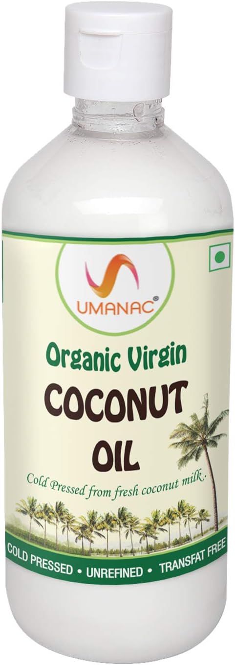 Umanac Organic Virgin Coconut Oil - 500 ml | Certified Organic | Cold pressed & Extra Virgin | Natural Cooking Oil | Pure Coconut Oil For Hair, Skin | Baby Massage Oil | For All Age Groups