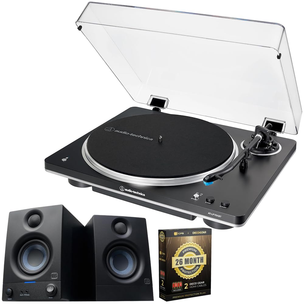 AT-LP70XBT Fully Automatic Wireless Belt-Drive Turntable, Black/Silver Bundle with PreSon…