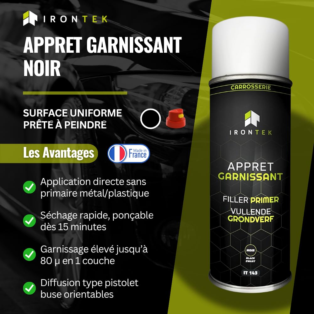 Apprêt Garnissant Carrosserie Noir 500ml - IRONTEK | IT143 | Mono-Composant Sans Primaire | Séchage Rapide Ponçage Facile | Auto & Moto | Formule Professionnelle