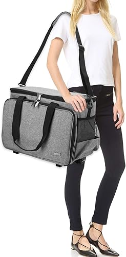 Miniatura 21 de LUXJA Estuche para máquina de coser con plataforma desmontable y almohadilla inferior extraíble, bolsa rodante que se adapta a la mayoría de Morado