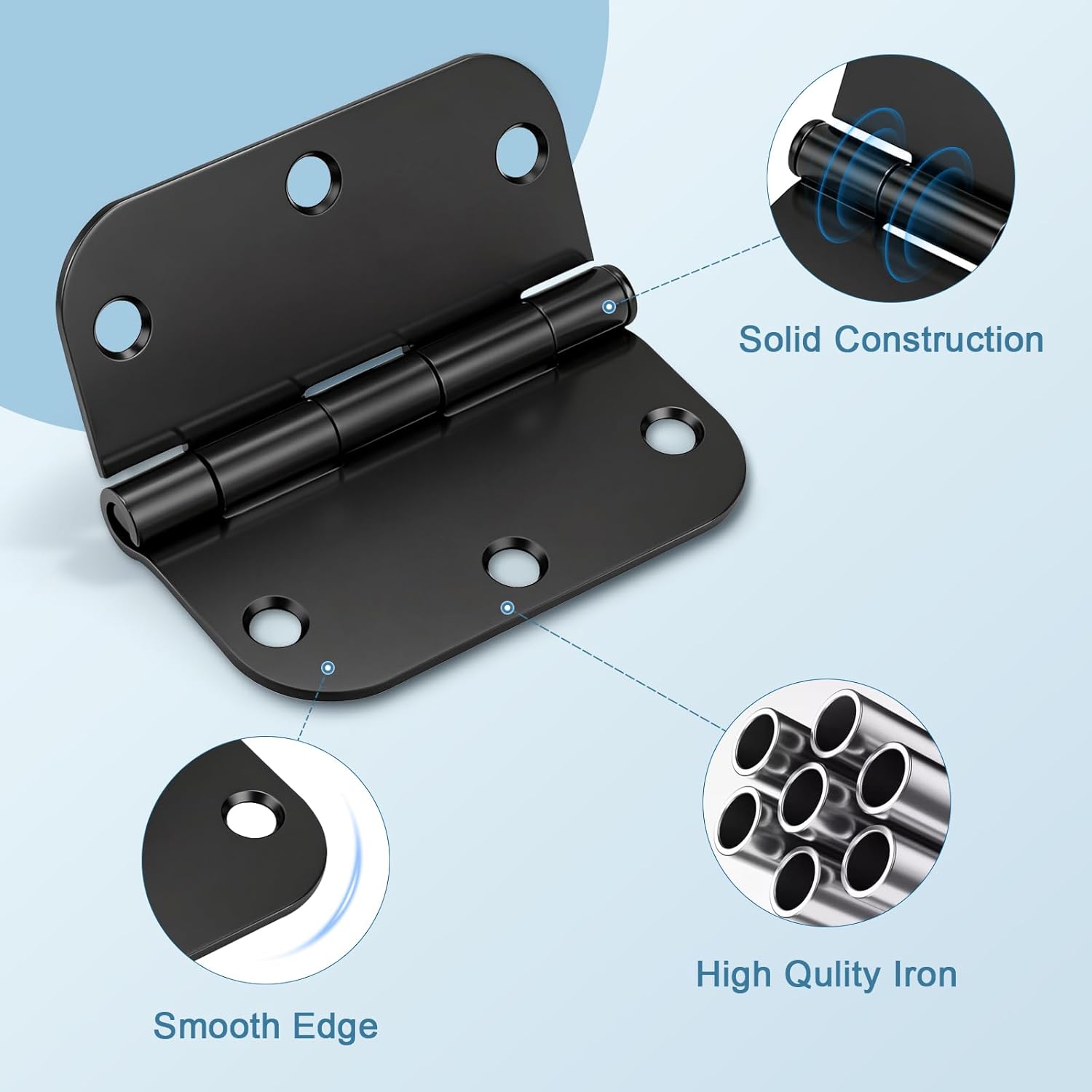 KNOBWELL 60 Pack Black Door Hinges, No Squeak 3.5" X 3.5" with 5/8" Radius Corner Interior Door Hinges with Black Finish