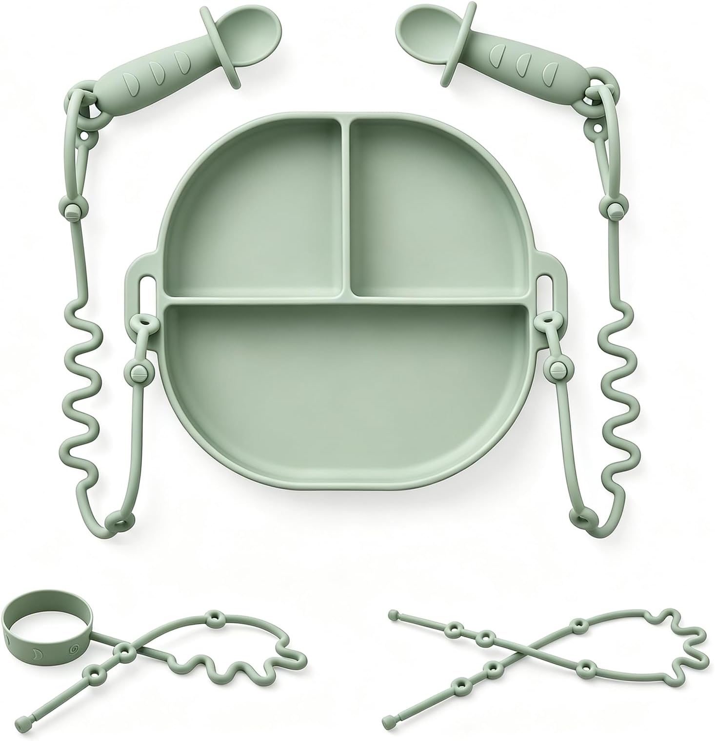 Andy Bear Silicone Plates for Babies with Suction Divided Baby Spoons Silicone Baby Toy Straps All-in-one Plates Silicone Placemat for Babies Toddlers Attachable Tethers & Built-in Suction Cups-Sage