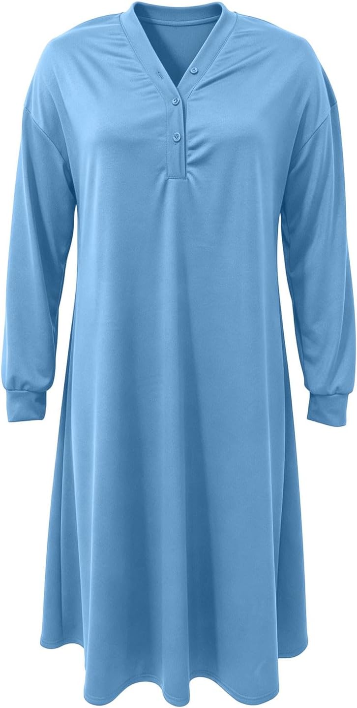 V Neck Nightgown for Women Button Down Long Sleeve Sleep Dress