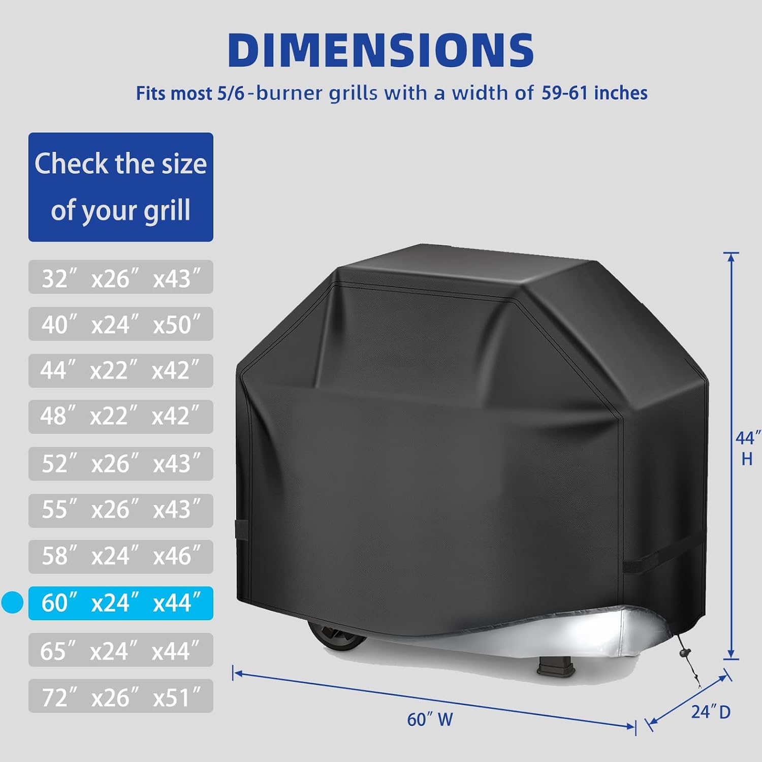 BBQ Gas Grill Cover for Outdoor, Anti-UV, Rip-Proof, 600D Oxford Fade Resistant Material, Barbecue Cover with Hook and Loop Straps & Adjustable Hem Drawstring (Black, 60”x24”x44”)