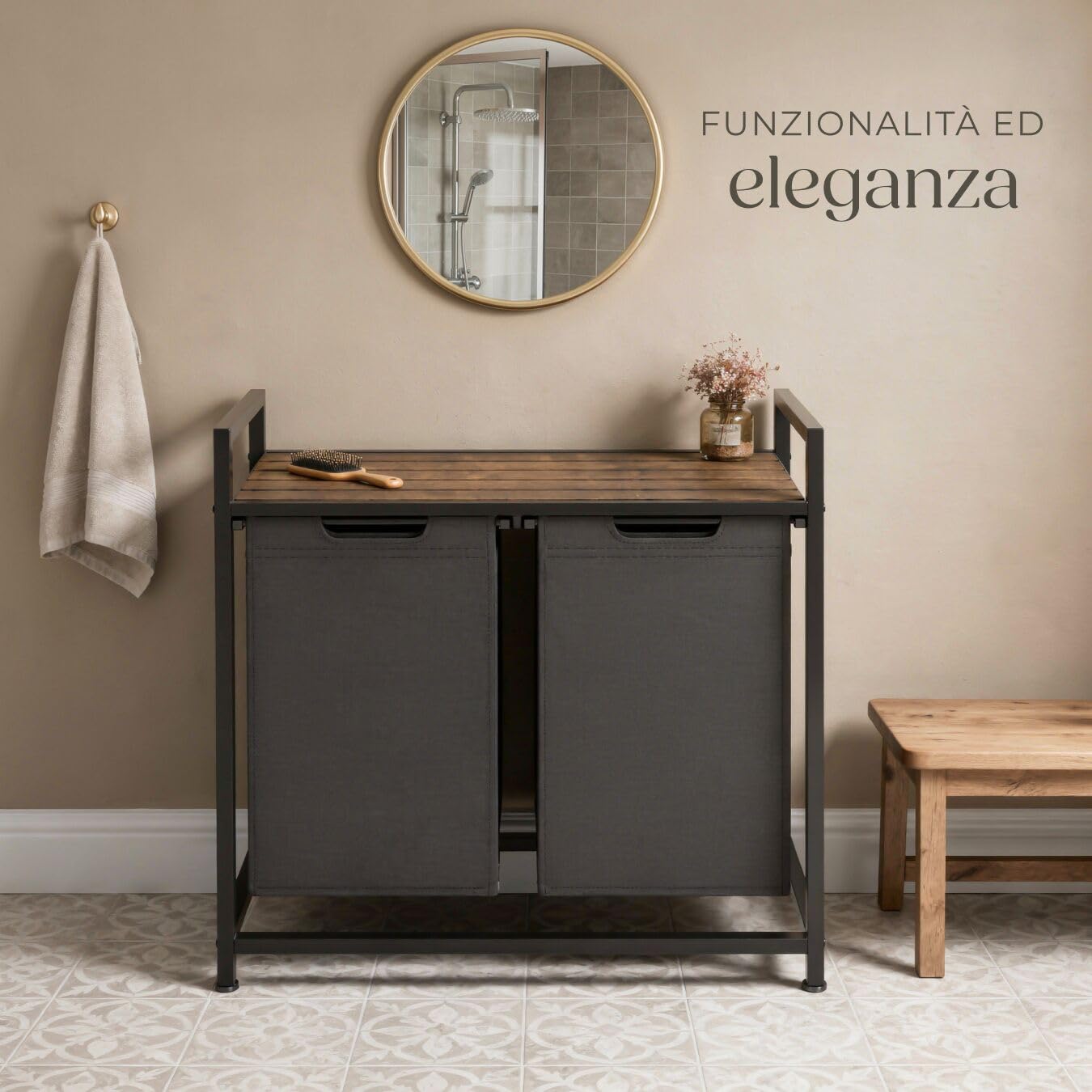 tectake® Cesto per Biancheria con Ripiano Effetto Legno, Cesto Portabiancheria con Sacchi Estraibili, Porta Biancheria con Struttura in Acciaio, Regolabile, Design Industriale - 34x74x72 cm