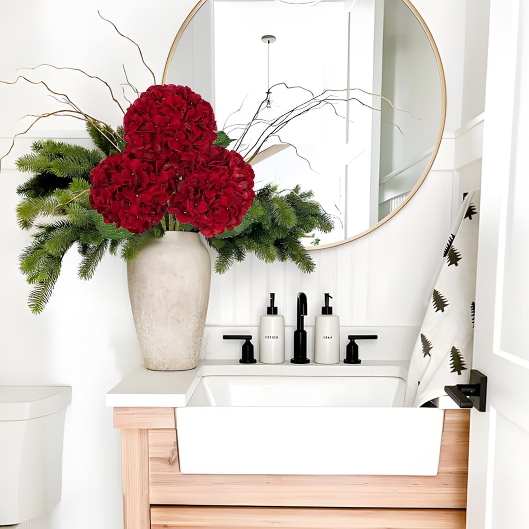 Hollyone 3Pcs Christmas Red Hydrangea Artificial Flowers 7.8inch Burgundy Hydrangeas Glitter Faux Hydrangea Flowers with Stems Fake Flower Arrangements Bouquets Floral Party Xmas Home Decor Large - Image 4