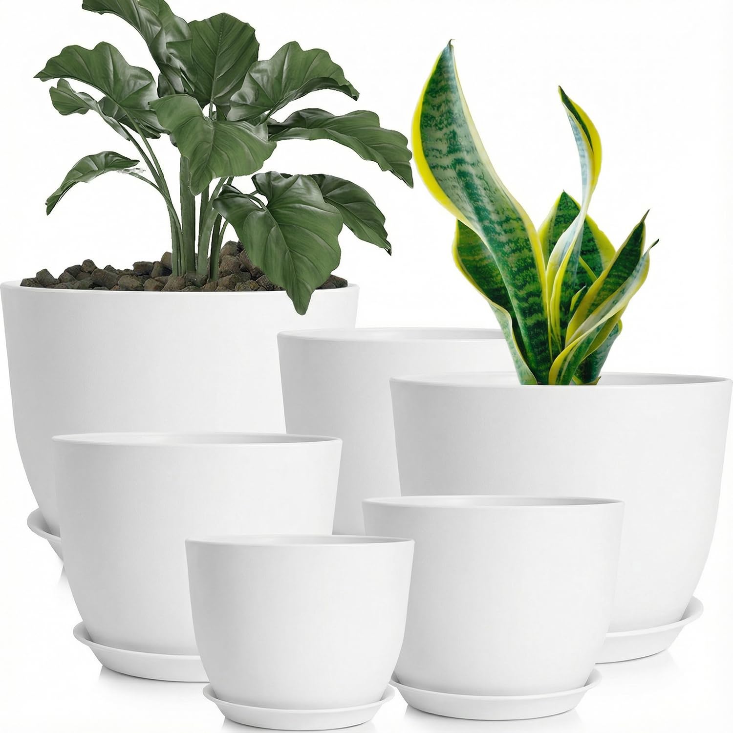 Xtrillogen 18/16/14/13/11/10 Large Plastic Plant Pots Indoor,Indoor Plant Pot with Drainage Holes and Saucer,Small House Garden Flower Planters Suitable for Flower,Succulent(White-6Pack)