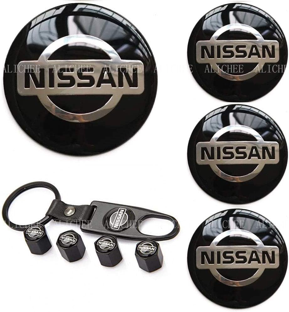 Alichee 4PCS 65MM Car Emblem Badge Sticker Wheel Hub Center Caps Cover +Tire Valve Stem Caps Cover with Keychain (fit for Nissan) : Automotive