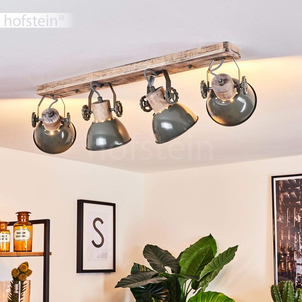 Lámpara de techo Orny, foco de techo de 4 luces de madera y metal en verde, lámpara de interior de aspecto industrial/vintage, 4 x E27, las cabezas de las lámparas son ajustables,sin bombilla(s)