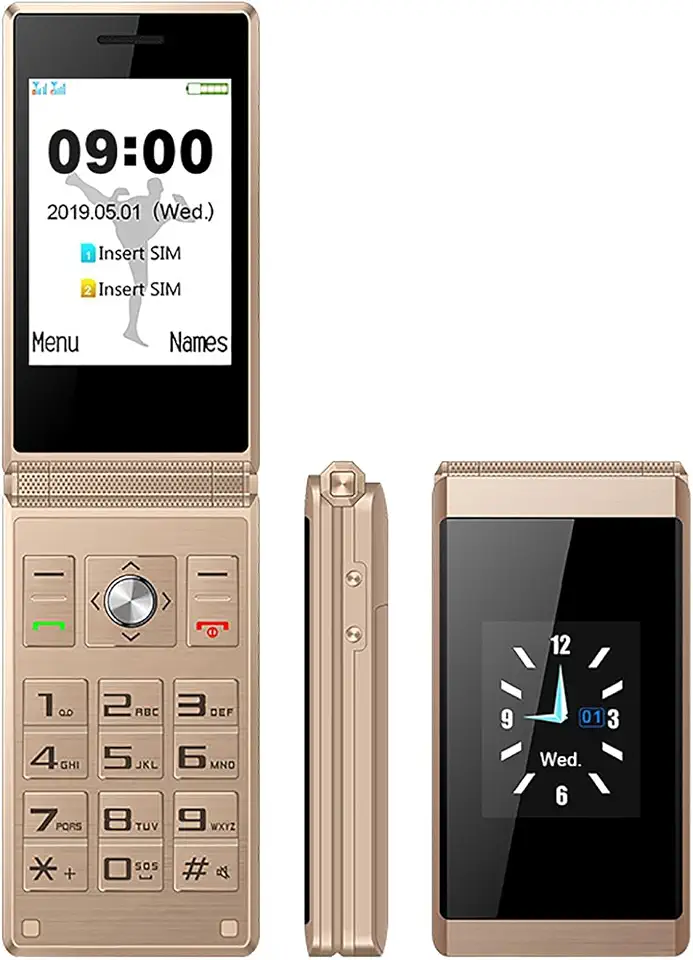 جوال كلاسيك احتياطي قابل للطي ثنائي شرائح الاتصال مع مشغل MP3 وبطارية 1200 ميلي امبير في الساعة ولوحة مفاتيح كبيرة مع زر طوارئ لكبار السن والأطفال، لون ذهبي