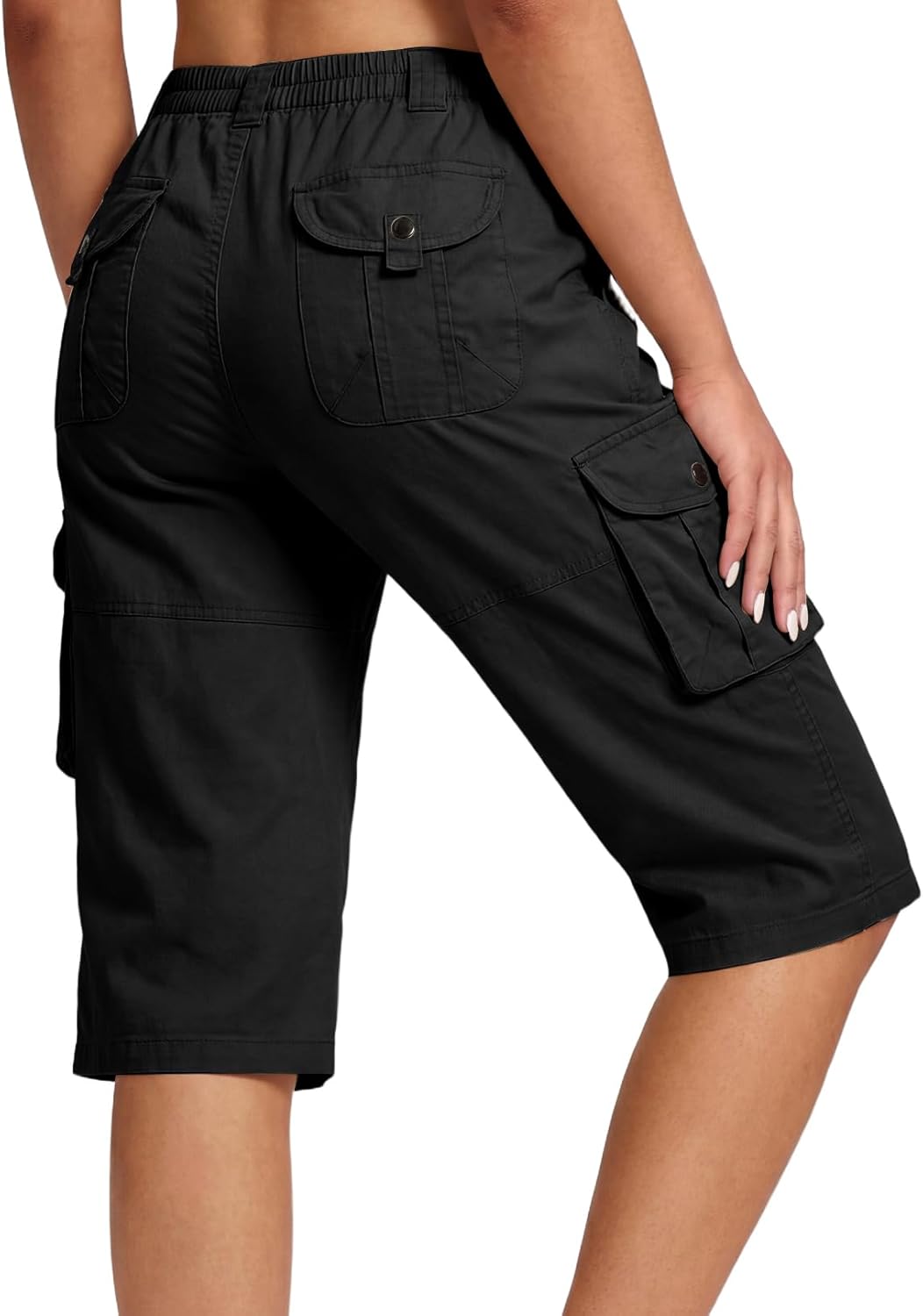 Cotton Capri Hiking Shorts Mid Rise Womens Cargo Shorts Casual Travel Outdoor Shorts with Multi-Pockets Elastic Waist