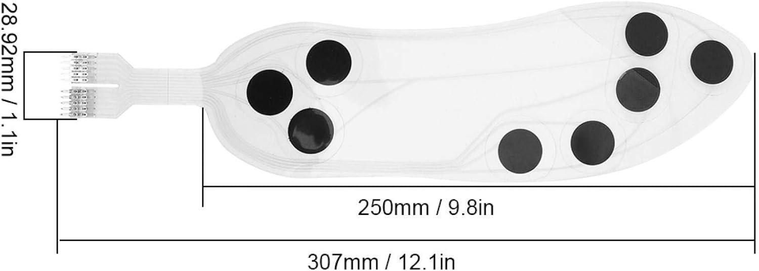 Diagram showing the dimensions of the Shanrya Flexible Thin Film Pressure Sensor, with a total length of 307mm (12.1in), a main body width of 250mm (9.8in), and a connector width of 28.92mm (1.1in).