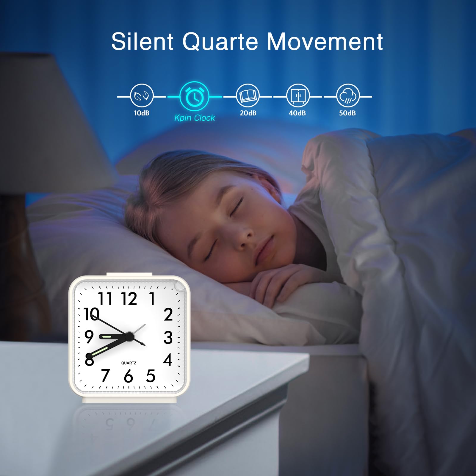 ORIA Reloj Despertador Analógico, Despertador Silencio Sin Tictac, Función de Repetición y Luz, Funciona con Pilas, Alimentado por 1 Pila AA (No Incluida) - Blanca