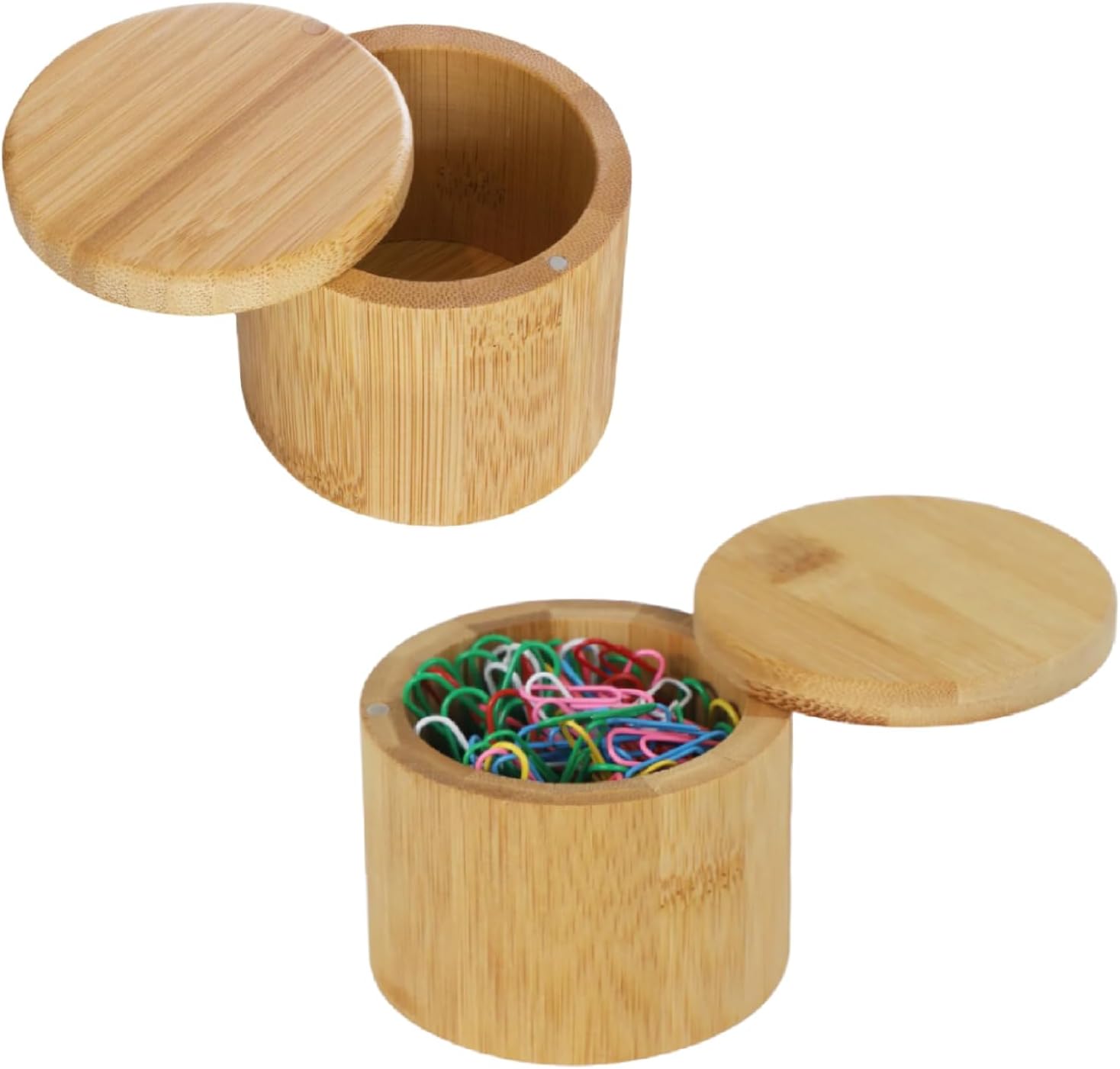 MultiBey 2 Pack Bamboo Paper Clip Holder with Swivel Lid, Wood Container | Easy-open Magnetic Lid Desk Organizer Dispenser for Paper Clips, Wooden Office Supply Storage Home Salt Box