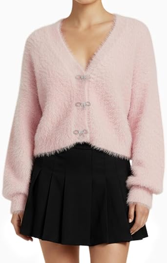 Yimoon Cropped Fuzzy Cardigan Sweaters for Women Bow Sweater | Long Sleeve, Button Down, V Neck, Bowknot Brooch, Soft & Chunky, Fluffy Knit Cardigan