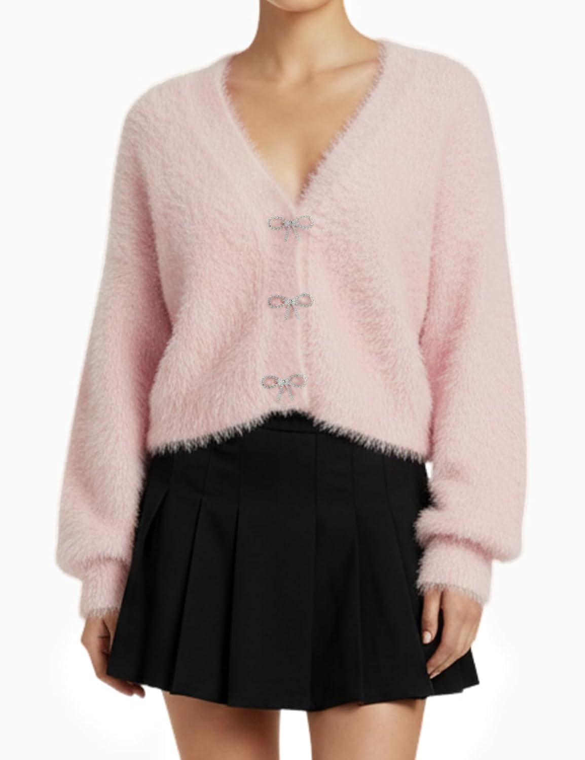Yimoon Womens Cropped Fuzzy Cardigan Sweater Bowknot Brooch Button Knit Cardigans V Neck Long Sleeve Soft Knitwear