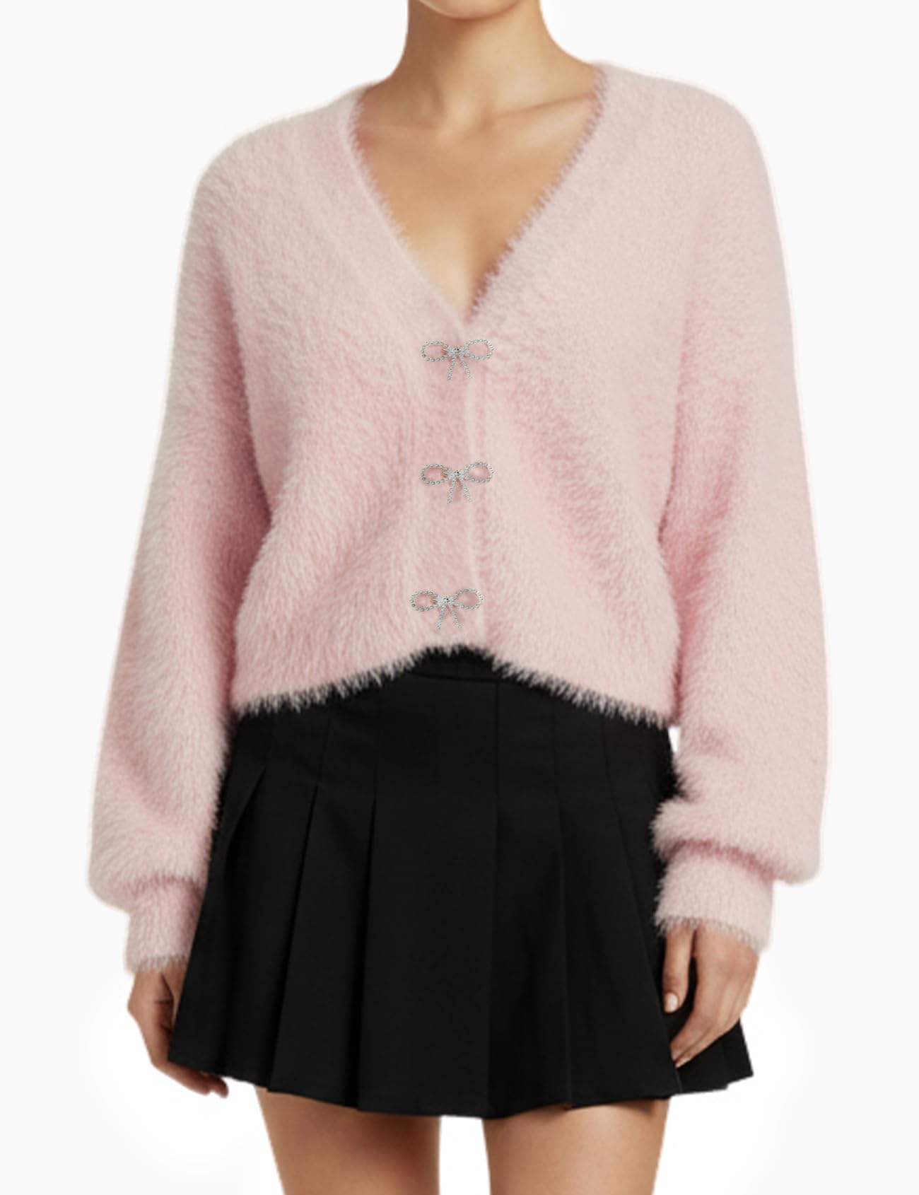 Yimoon Womens Cropped Fuzzy Cardigan Sweater Bowknot Brooch Button Knit Cardigans V Neck Long Sleeve Soft Knitwear